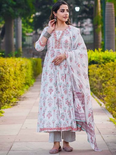 Empire Style Pure Cotton Anarkali Kurta With Trousers & Dupatta