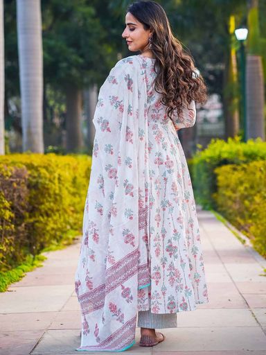Empire Style Pure Cotton Anarkali Kurta With Trousers & Dupatta