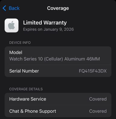 Apple Watch Series 10 Cellular Unlocked 46mm jet Black with Apple care till 2026