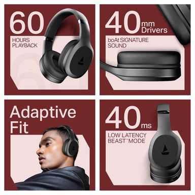 boAt Rockerz 412 (2025 Launch), 60Hrs Battery, 40mm Drivers, 40ms Low Latency, ENx Tech, Integrated Controls, v5.4 Bluetooth Headphones, Wireless Headphone with Mic (Active Black)