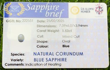GGTL Certified 1.5ct Natural Ceylon blue sapphire 