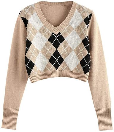 ZAFUL Women's Argyle Sweater V-Neck Cropped Sweater Long-Sleeve Plaid Sweater Pullover Jumper Knit Top