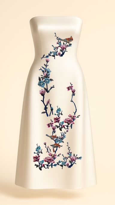 Blue Blossoms and Magnolias Midi Dress in Ivory 