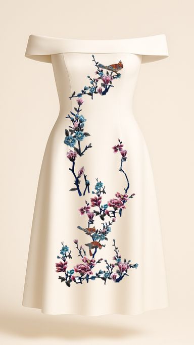 Blue Blossoms and Magnolias Midi Dress in Ivory 