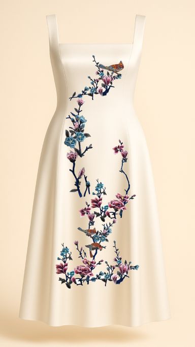 Blue Blossoms and Magnolias Midi Dress in Ivory 