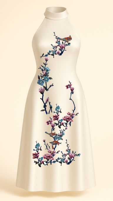 Blue Blossoms and Magnolias Midi Dress in Ivory 