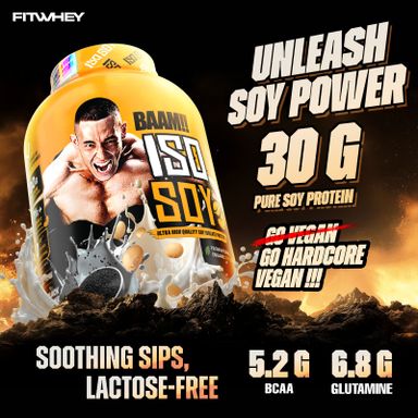 BAAM!! ISO-SOY (5lbs / 2.3kg) – 30 g Soy Protein Isolate • Unflavored & Dark Chocolate • Vegan, Zero Sugar, Low Fat