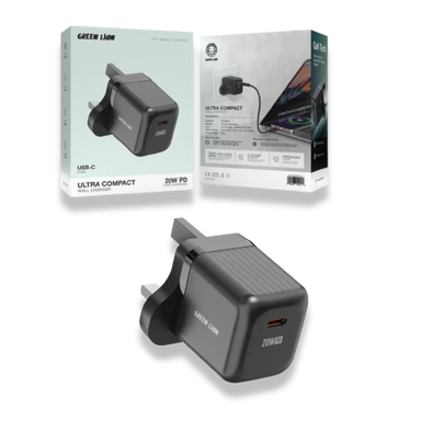. Green Lion Ultra Compact GaN Wall Charger UK Pin USB-C PD 20W C to L - Black 