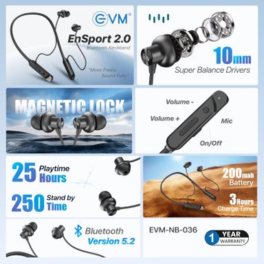 EVM EnSport 2.0 Wireless Neckband with 25H Battery Life, Bluetooth 5.2, Fast Charging, Deep Bass–1 Year Warranty (EVM-NB-036)