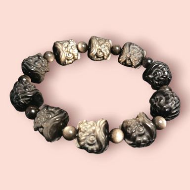 SILVER OBSIDIAN LION HEAD CARVED 