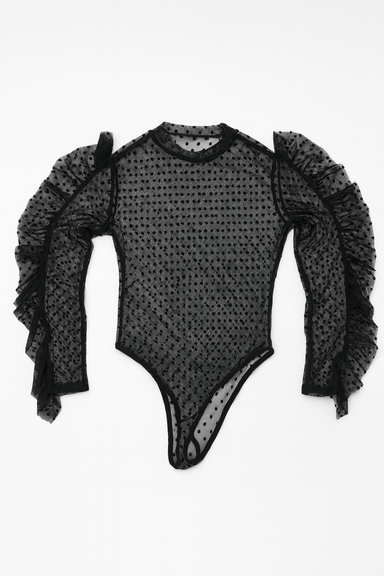 Body negro de tul plumeti con mangas de volantes - Size S