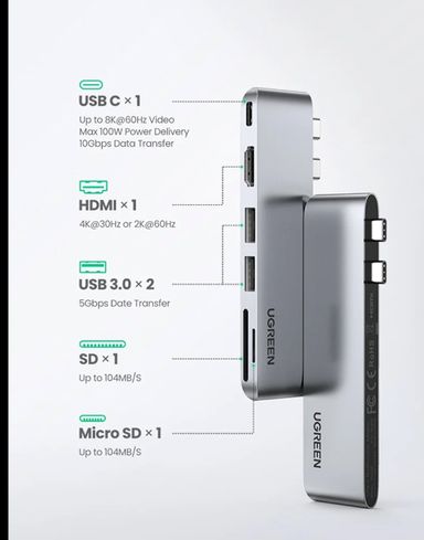 ✨ UGREEN Hub USB-C Multiport pour MacBook 💻 | HDMI 🎥 + 3xUSB 3.0 ⚡ + SD/TF 📸 + Thunderbolt 3 🚀
