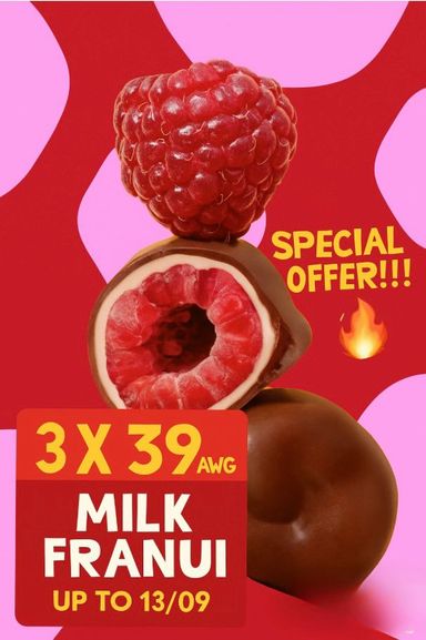 3 x FRESH FROZEN RASPBERRIES IN WHITE AND MILK CHOCOLATE