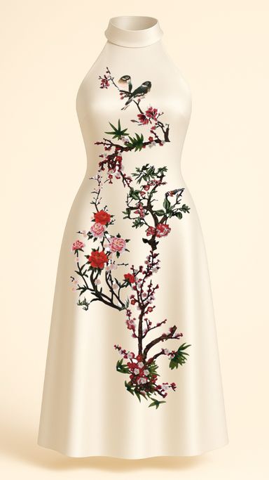 Red Blossom Midi Dress in Off-white