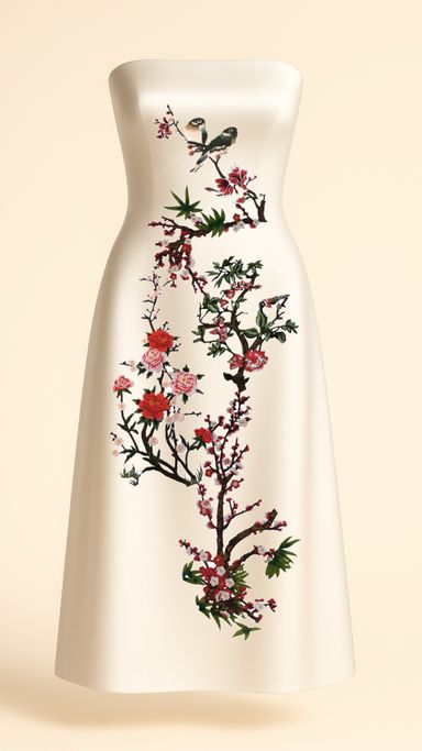 Red Blossom Midi Dress in Off-white