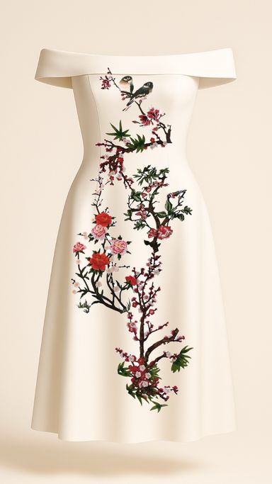 Red Blossom Midi Dress in Off-white