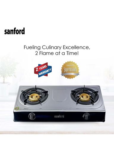 SANFORD SF5356GC Double Burner Stainless Steel Gas Stove, Auto Ignition, Low Consumption, Indian burner SF5356GC STEEL Silver