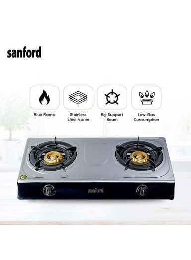 SANFORD SF5356GC Double Burner Stainless Steel Gas Stove, Auto Ignition, Low Consumption, Indian burner SF5356GC STEEL Silver