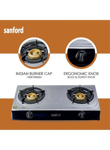 SANFORD SF5356GC Double Burner Stainless Steel Gas Stove, Auto Ignition, Low Consumption, Indian burner SF5356GC STEEL Silver
