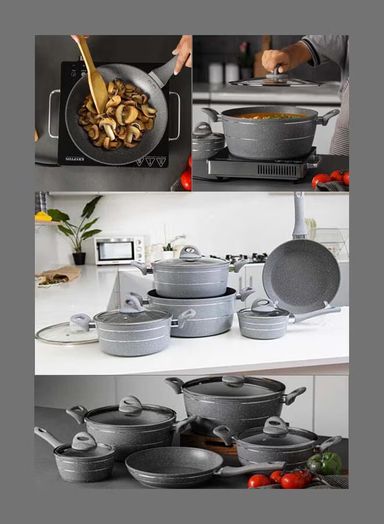 Royalford 9 Pieces Smart Granite Series Cookware Set Forged Aluminium Durable Granite Coating Grey 30x12.8cm
