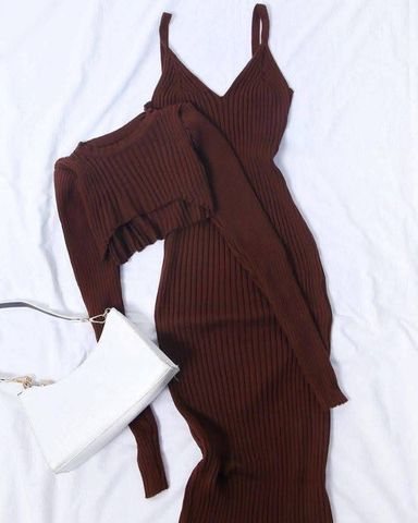 Ribbed Knit Dress + Cardigan Set with Mini Handbag