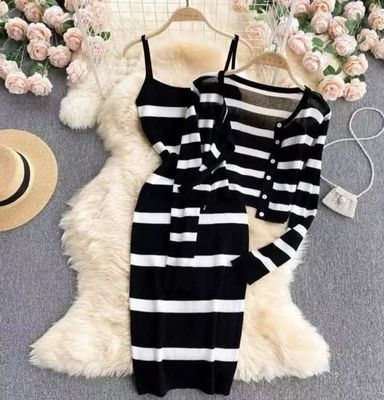 Ribbed Knit Dress + Cardigan Set with Mini Handbag