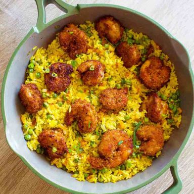 Yellow Rice with Crispy Fried Crumbed Prawns