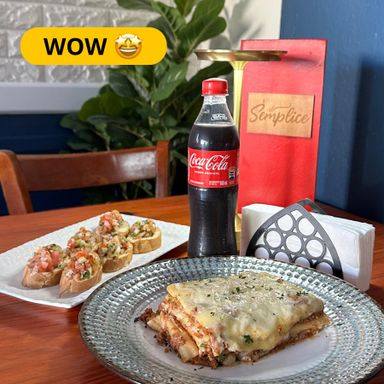 Lasaña + Bruchetta + coca cola + sugar brothers