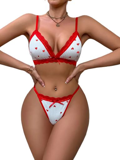  Lingerie Set White Red Heart
