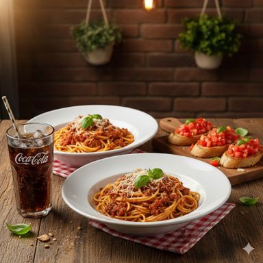 2 Boloñesa + Bruchetta + Cocacola