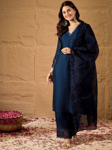 Women Embroidered Straight Kurta With Trousers & Dupatta