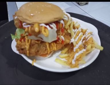 Double fried chicken Burger with Fries