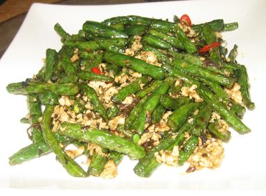 Wok Fried Green Beans with Chicken Pieces (Spicy) 榄菜四季豆  （辣)
