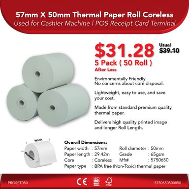 57mm X 50mm 65gsm Thermal Paper Roll Coreless