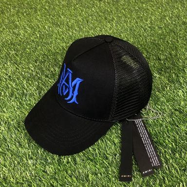 AMIRI CURVED PEAK BLACK AND BLUE LOGO