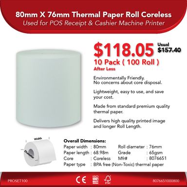 80mm X 76mm 65gsm Thermal Paper Roll Coreless