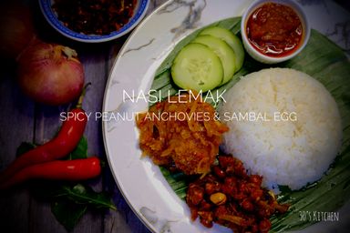 Main B: [$3.50] Nasi Lemak with Spicy Anchovies & Peanut, Cucumber, Sambal + Sambal Egg