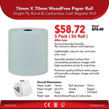 76mm X 70mm 56gsm WoodFree Paper Roll