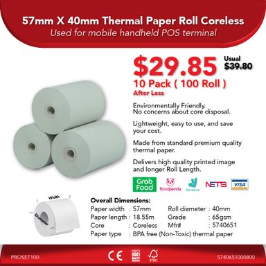 57mm X 40mm 65gsm Thermal Paper Roll Coreless
