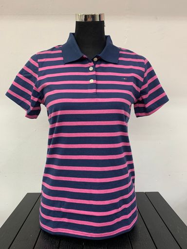 Ladies Polo Tee (Pink/Blue Stripe)