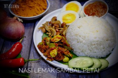 Main D: [$4.50] Nasi Lemak with  Fried Anchovies, Peanut, Egg, Cucumber, Sambal + Sambal Petai