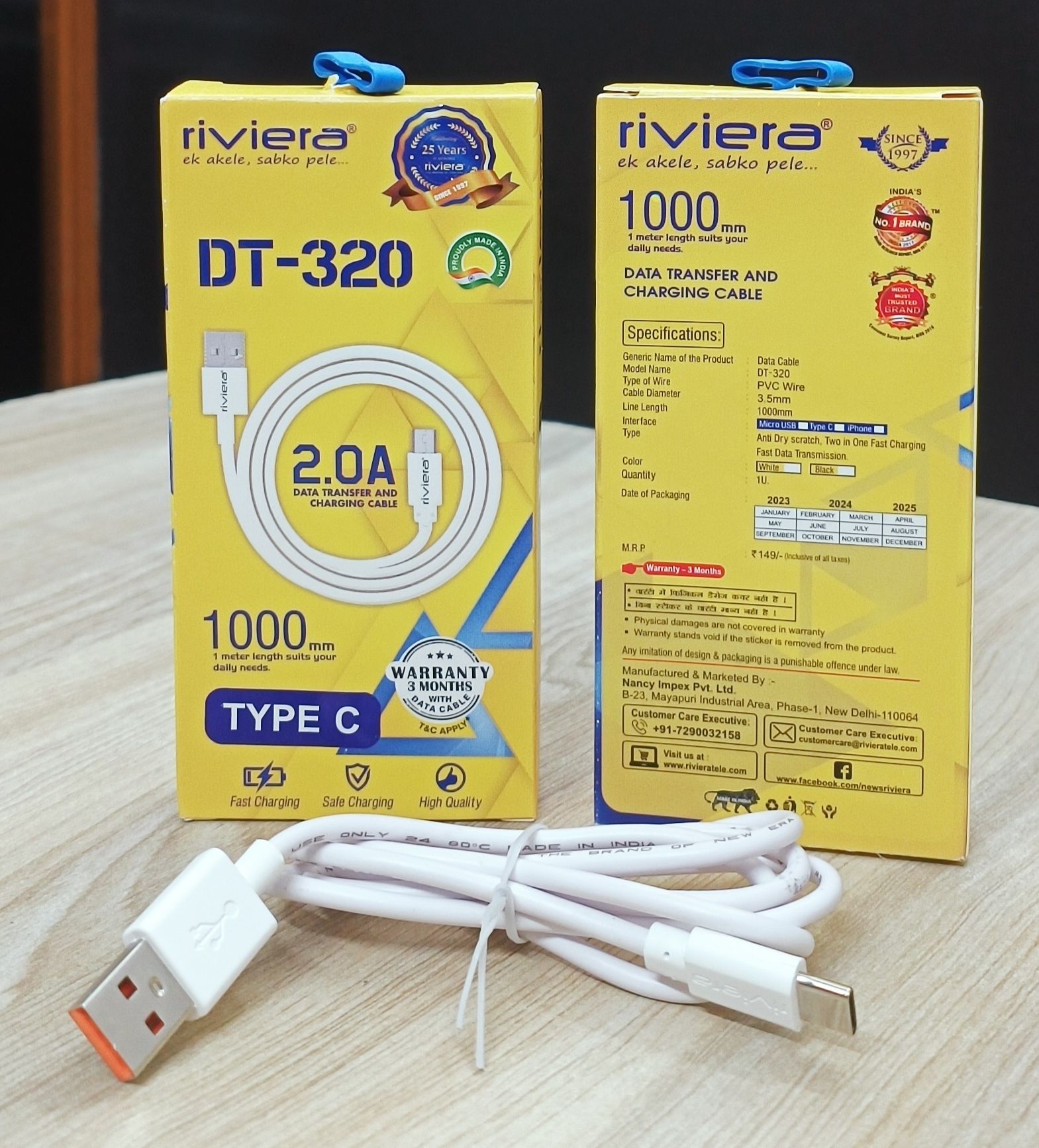 Riviera DT-320 2.0aMp Output USB to Type C Port Cable 