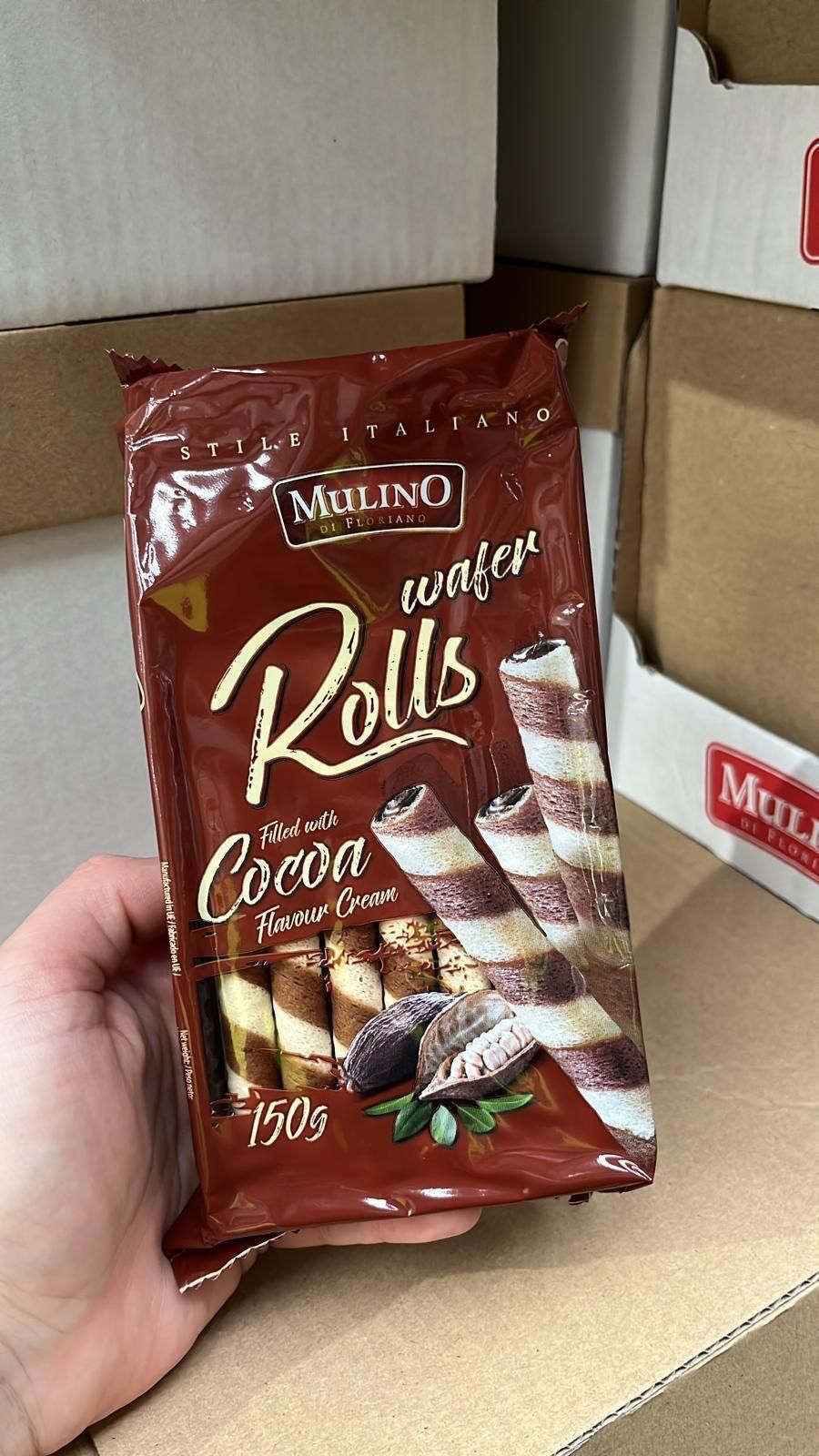 Mulino wafer rolls cocoa. 8x150g.  BBE  09/24