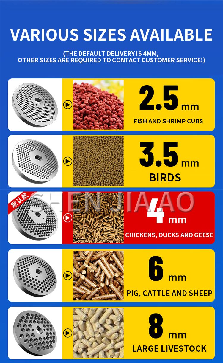 Compact design ideal for small farms.  .Feed pellet machine 5.5 kw Pellet Press Animal Feed Pellet Machine Pellet Mill Poultry Pelletizer Granulator Feed Food Pellet Machine  180Type 220V 5.5KW 180Type 380V  Power (W) 5.5 Voltage 220/380 Output   125 -160 Kg/hr Press Roller     3/4 Press Rollers Speed      370RPM Size       1140 x 440 x 1000 mm Weight    172KG Usage: Animal Poultry Livestock Feed Making Machine Can make feed for	Cattle, pigs, chickens, and rabbits,  Fish Floating Food Pellet Machine  _0