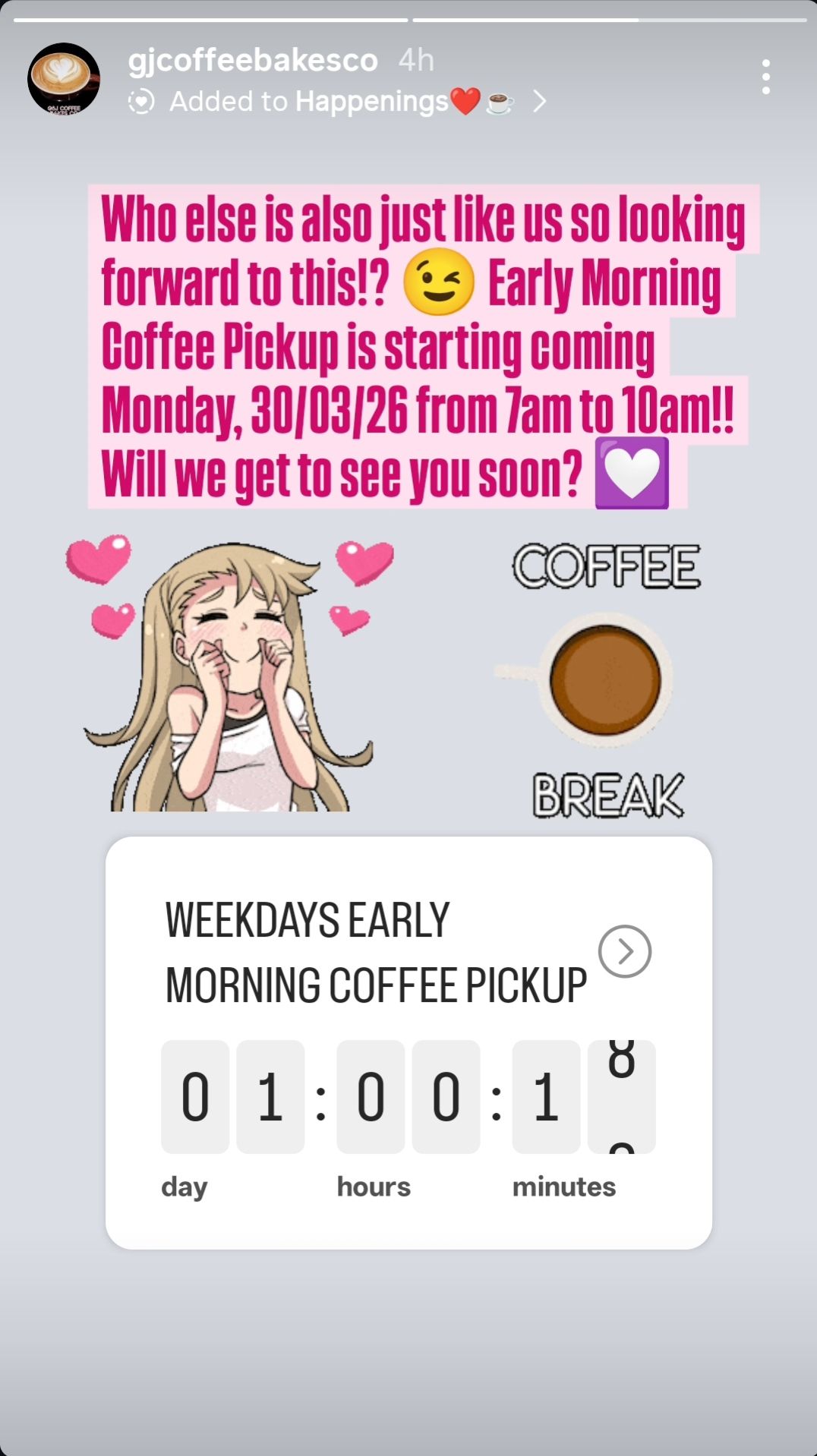 Weekdays Early Morning Coffee Pickup from 7am to 10am will be officially available starting coming Monday, 30/03/26!! In conjunction with this new event happening, customers will get to enjoy 20% off upon checkout 🙌☕ We hope to see you soon❤️_0