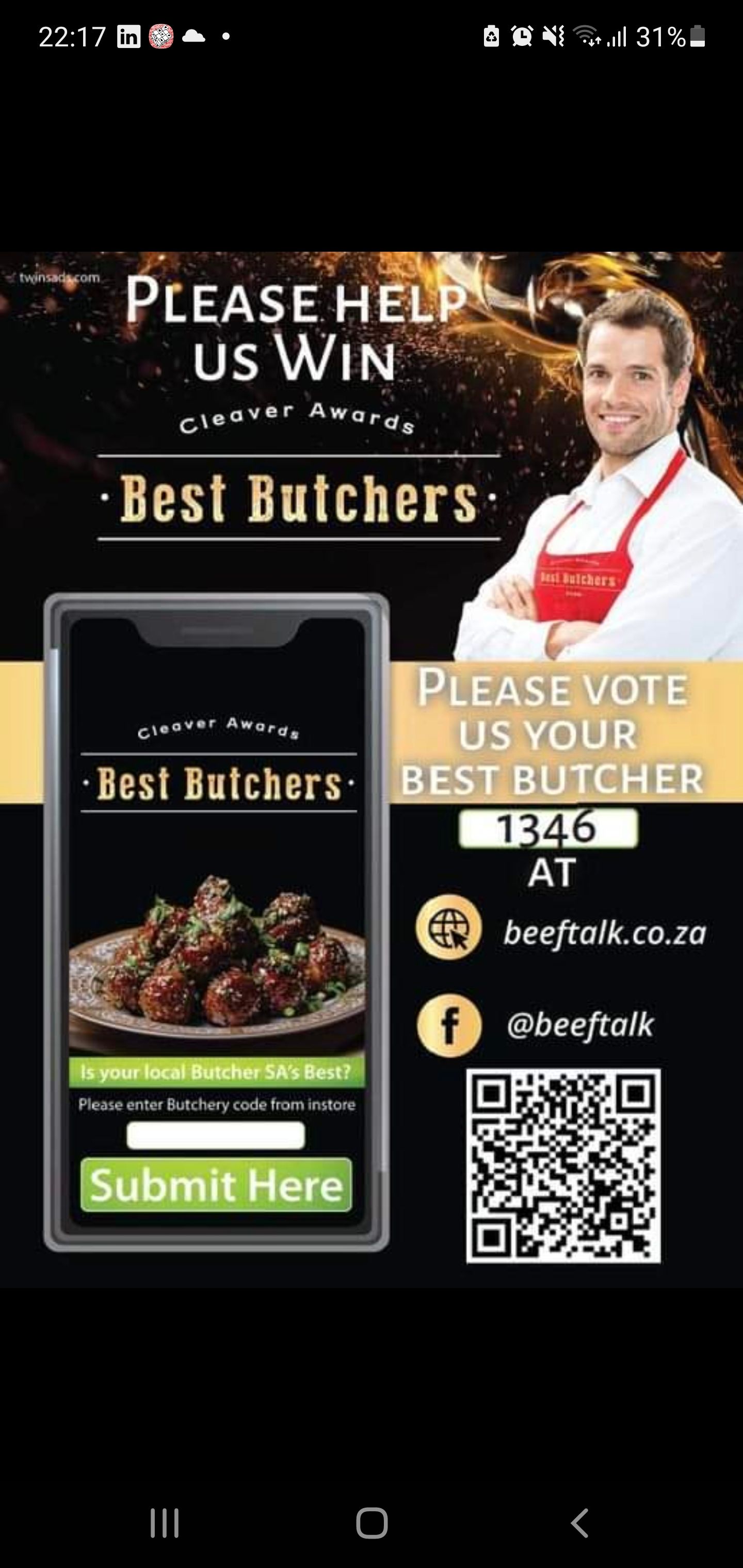 Vote for us as your best Butchery in Town...  https://beeftalk.co.za/cleaver-awards-2022-2023-voting/?code=1346