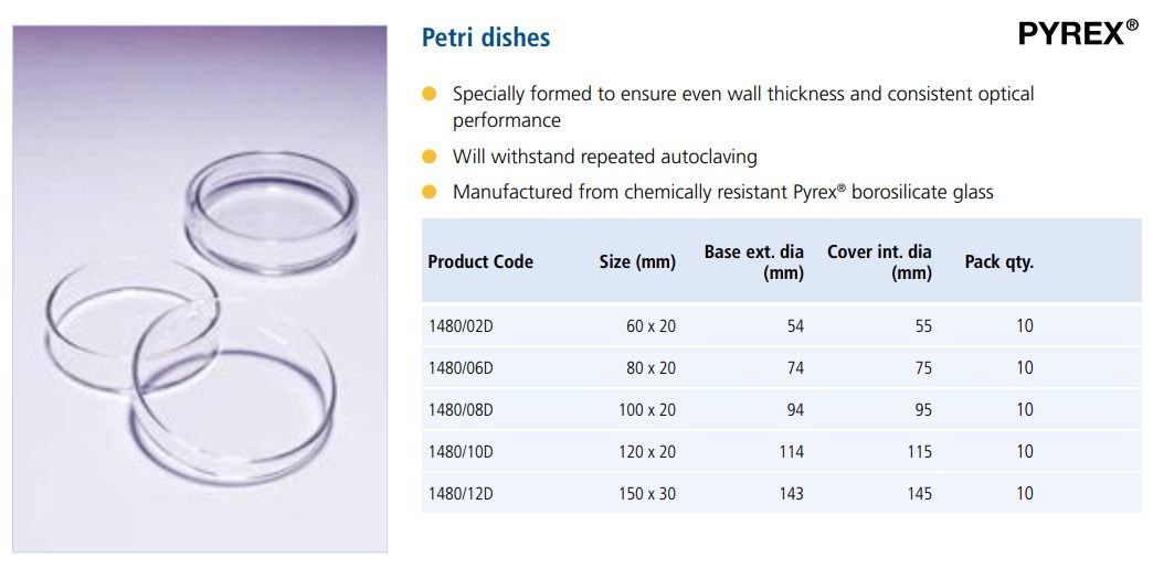 PYREX UK Petri Dish with Lid, Borosilicate Glass (60 x 20mm) (1480/02D)